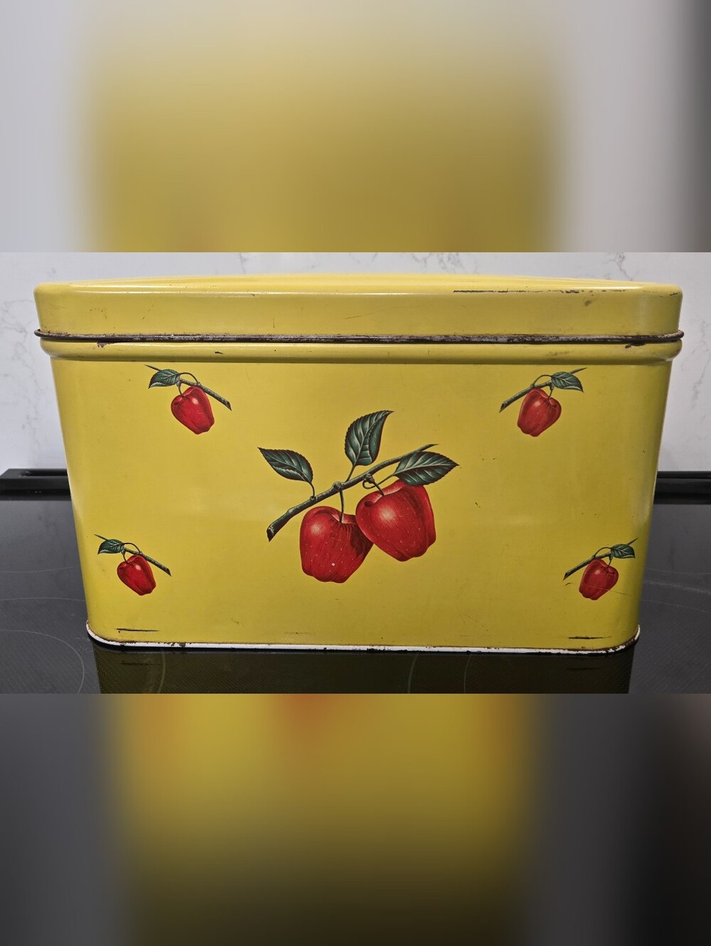 Vintage Decoware 50s 60s Metal Yellow Bread Box Apples